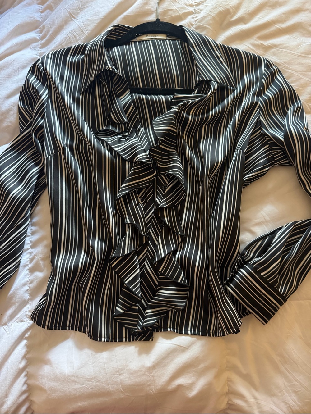 Vintage Precis Ruffled Stripe Button-Up Blouse - Black/White